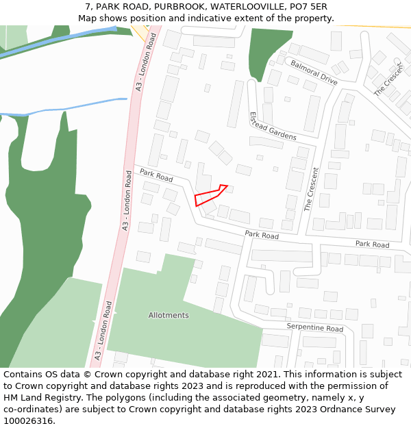 7, PARK ROAD, PURBROOK, WATERLOOVILLE, PO7 5ER: Location map and indicative extent of plot