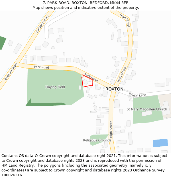 7, PARK ROAD, ROXTON, BEDFORD, MK44 3ER: Location map and indicative extent of plot