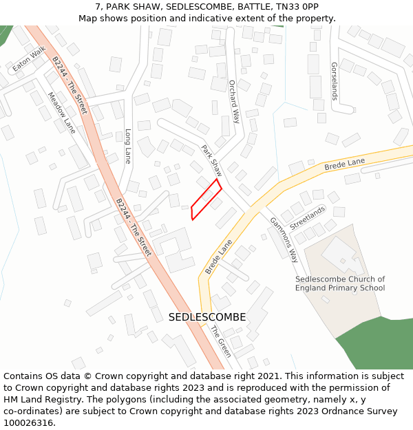 7, PARK SHAW, SEDLESCOMBE, BATTLE, TN33 0PP: Location map and indicative extent of plot