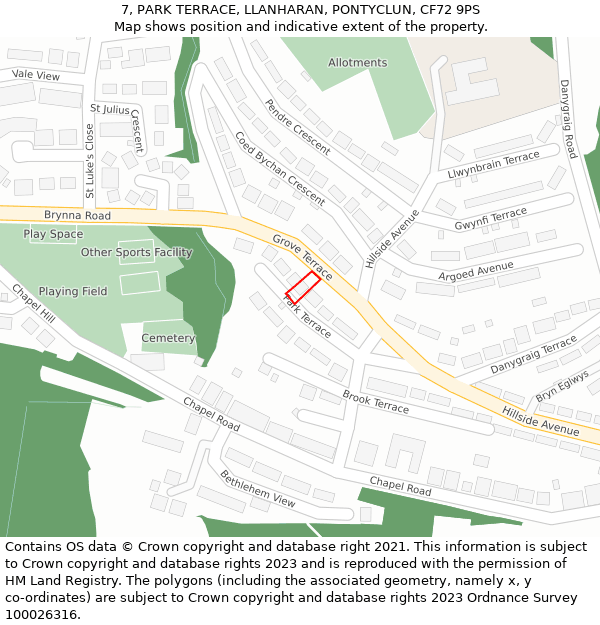 7, PARK TERRACE, LLANHARAN, PONTYCLUN, CF72 9PS: Location map and indicative extent of plot