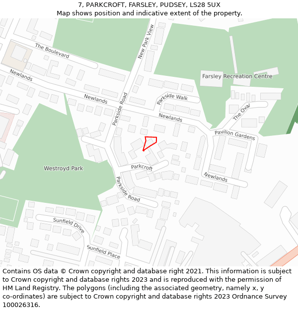 7, PARKCROFT, FARSLEY, PUDSEY, LS28 5UX: Location map and indicative extent of plot