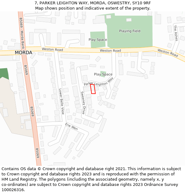 7, PARKER LEIGHTON WAY, MORDA, OSWESTRY, SY10 9RF: Location map and indicative extent of plot