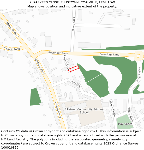 7, PARKERS CLOSE, ELLISTOWN, COALVILLE, LE67 1DW: Location map and indicative extent of plot
