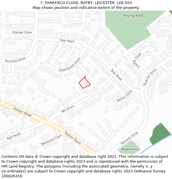7, PARKFIELD CLOSE, RATBY, LEICESTER, LE6 0XA: Location map and indicative extent of plot