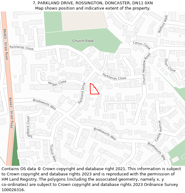 7, PARKLAND DRIVE, ROSSINGTON, DONCASTER, DN11 0XN: Location map and indicative extent of plot