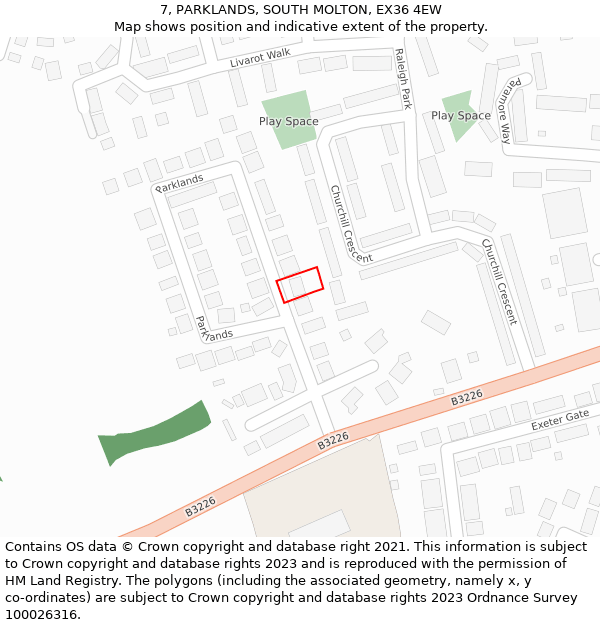 7, PARKLANDS, SOUTH MOLTON, EX36 4EW: Location map and indicative extent of plot