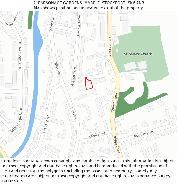 7, PARSONAGE GARDENS, MARPLE, STOCKPORT, SK6 7NB: Location map and indicative extent of plot