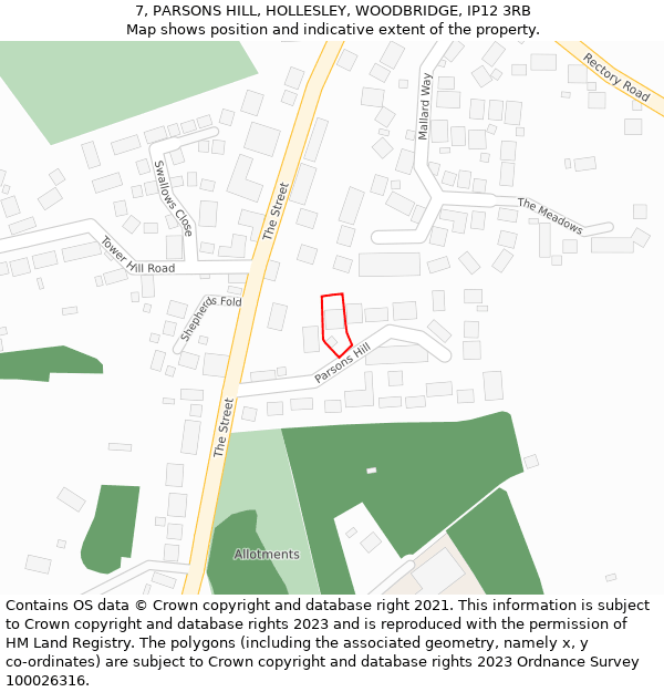 7, PARSONS HILL, HOLLESLEY, WOODBRIDGE, IP12 3RB: Location map and indicative extent of plot