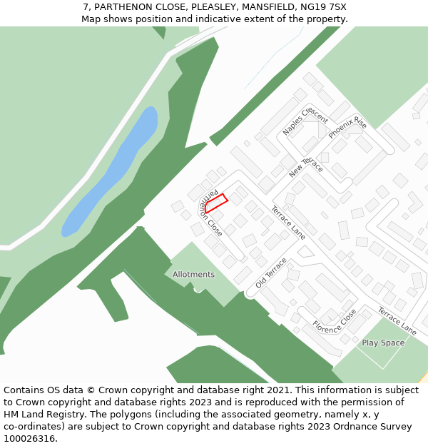 7, PARTHENON CLOSE, PLEASLEY, MANSFIELD, NG19 7SX: Location map and indicative extent of plot