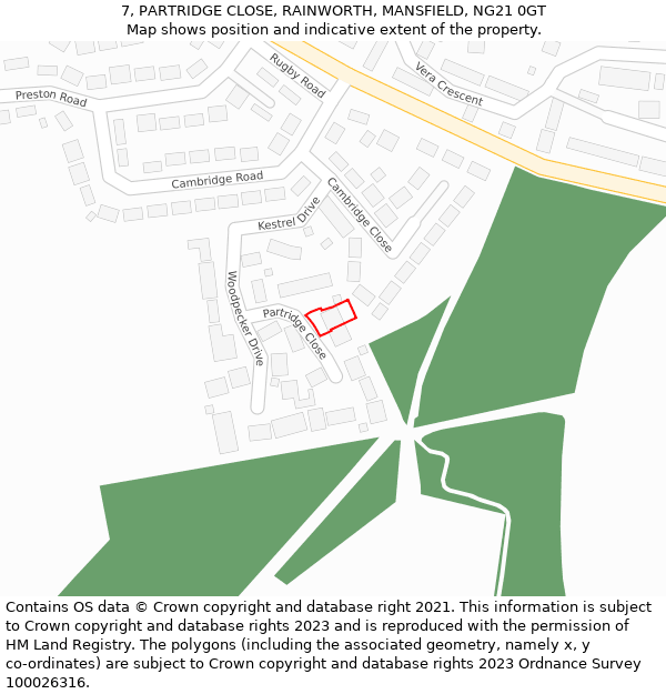 7, PARTRIDGE CLOSE, RAINWORTH, MANSFIELD, NG21 0GT: Location map and indicative extent of plot
