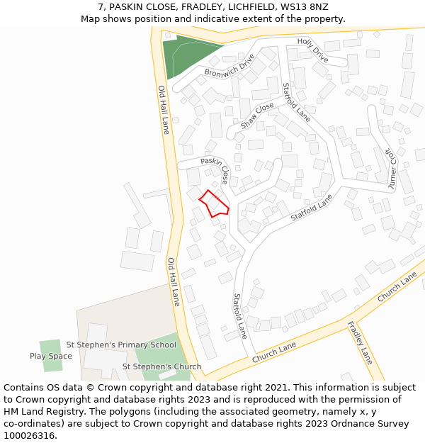 7, PASKIN CLOSE, FRADLEY, LICHFIELD, WS13 8NZ: Location map and indicative extent of plot