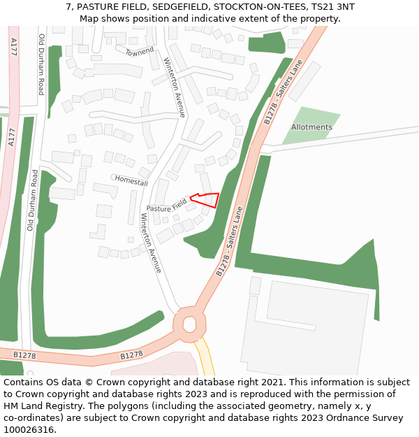 7, PASTURE FIELD, SEDGEFIELD, STOCKTON-ON-TEES, TS21 3NT: Location map and indicative extent of plot