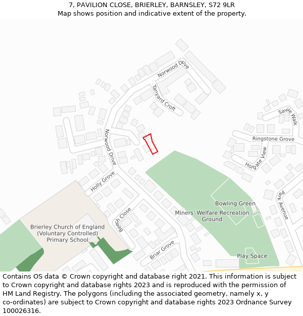 7, PAVILION CLOSE, BRIERLEY, BARNSLEY, S72 9LR: Location map and indicative extent of plot