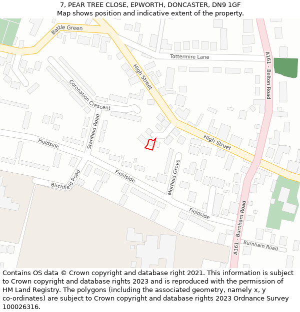 7, PEAR TREE CLOSE, EPWORTH, DONCASTER, DN9 1GF: Location map and indicative extent of plot