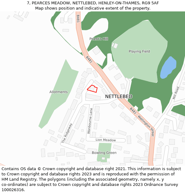 7, PEARCES MEADOW, NETTLEBED, HENLEY-ON-THAMES, RG9 5AF: Location map and indicative extent of plot