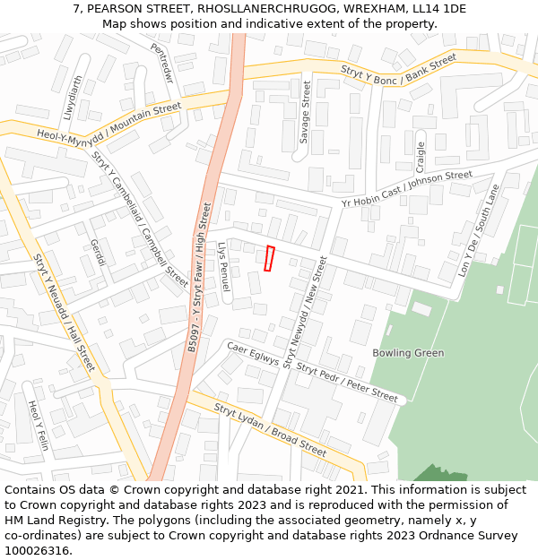 7, PEARSON STREET, RHOSLLANERCHRUGOG, WREXHAM, LL14 1DE: Location map and indicative extent of plot