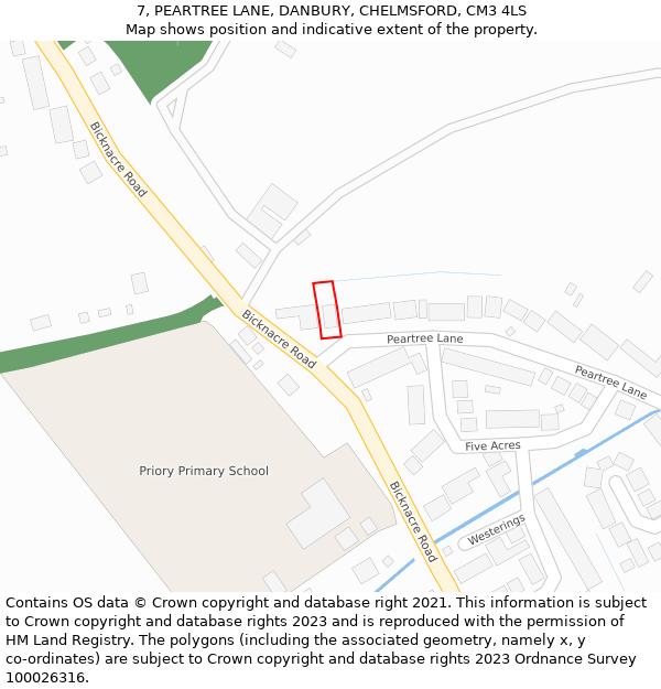 7, PEARTREE LANE, DANBURY, CHELMSFORD, CM3 4LS: Location map and indicative extent of plot