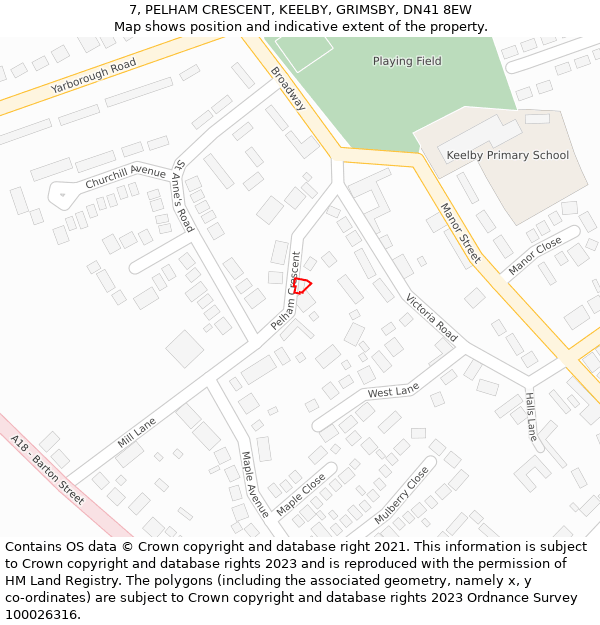 7, PELHAM CRESCENT, KEELBY, GRIMSBY, DN41 8EW: Location map and indicative extent of plot