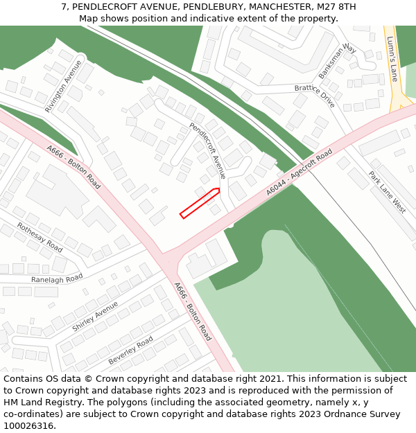 7, PENDLECROFT AVENUE, PENDLEBURY, MANCHESTER, M27 8TH: Location map and indicative extent of plot