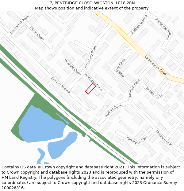 7, PENTRIDGE CLOSE, WIGSTON, LE18 2RN: Location map and indicative extent of plot