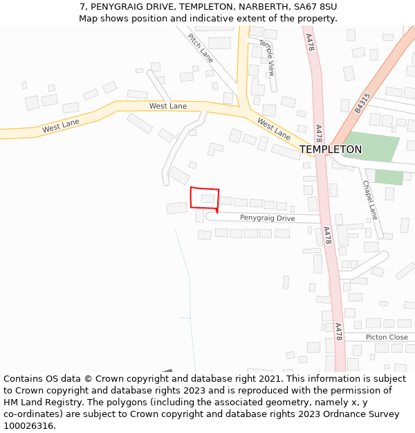 7, PENYGRAIG DRIVE, TEMPLETON, NARBERTH, SA67 8SU: Location map and indicative extent of plot