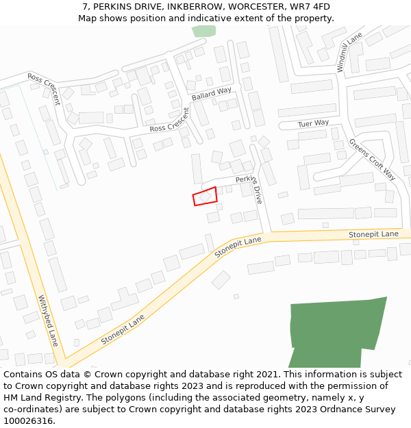 7, PERKINS DRIVE, INKBERROW, WORCESTER, WR7 4FD: Location map and indicative extent of plot
