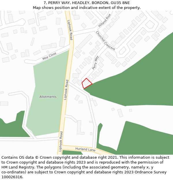 7, PERRY WAY, HEADLEY, BORDON, GU35 8NE: Location map and indicative extent of plot