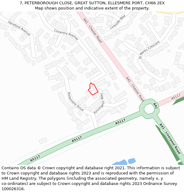 7, PETERBOROUGH CLOSE, GREAT SUTTON, ELLESMERE PORT, CH66 2EX: Location map and indicative extent of plot