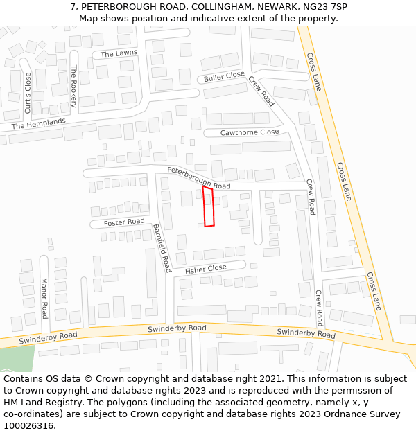 7, PETERBOROUGH ROAD, COLLINGHAM, NEWARK, NG23 7SP: Location map and indicative extent of plot