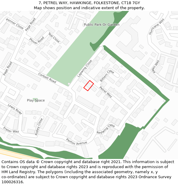 7, PETREL WAY, HAWKINGE, FOLKESTONE, CT18 7GY: Location map and indicative extent of plot