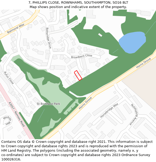 7, PHILLIPS CLOSE, ROWNHAMS, SOUTHAMPTON, SO16 8LT: Location map and indicative extent of plot