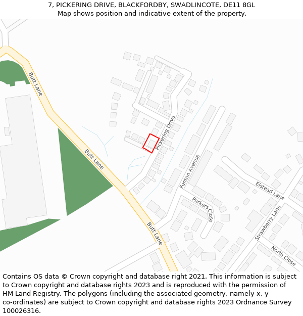 7, PICKERING DRIVE, BLACKFORDBY, SWADLINCOTE, DE11 8GL: Location map and indicative extent of plot