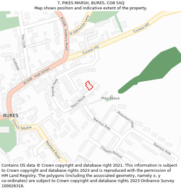 7, PIKES MARSH, BURES, CO8 5AQ: Location map and indicative extent of plot