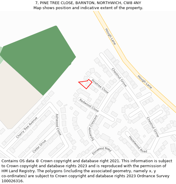 7, PINE TREE CLOSE, BARNTON, NORTHWICH, CW8 4NY: Location map and indicative extent of plot