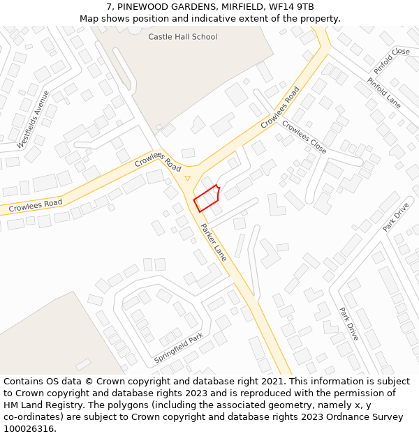 7, PINEWOOD GARDENS, MIRFIELD, WF14 9TB: Location map and indicative extent of plot