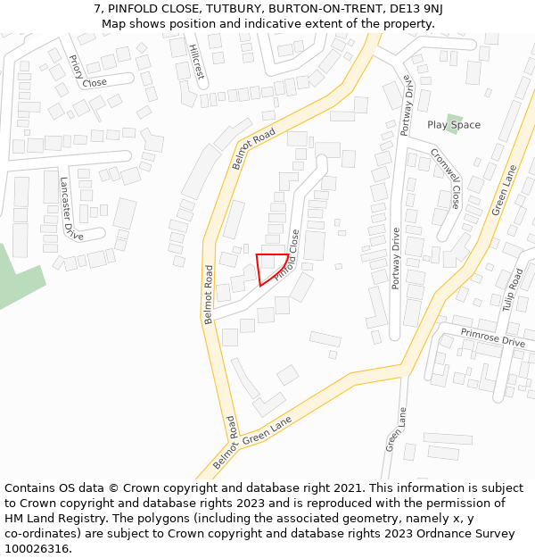7, PINFOLD CLOSE, TUTBURY, BURTON-ON-TRENT, DE13 9NJ: Location map and indicative extent of plot