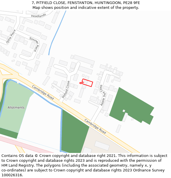 7, PITFIELD CLOSE, FENSTANTON, HUNTINGDON, PE28 9FE: Location map and indicative extent of plot