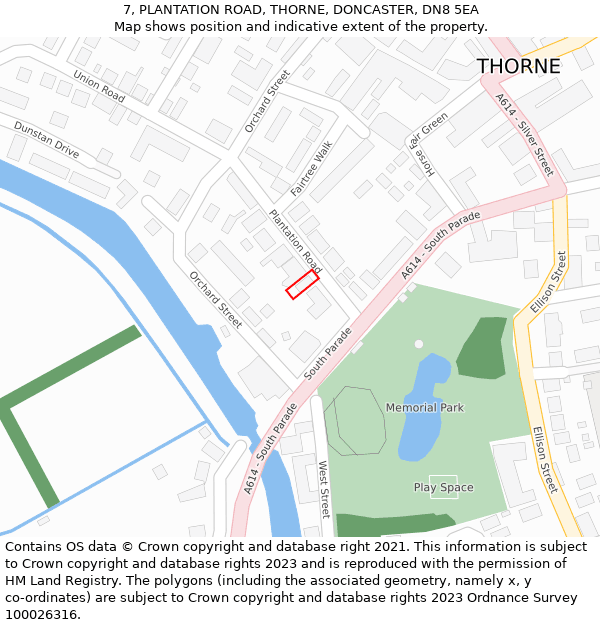 7, PLANTATION ROAD, THORNE, DONCASTER, DN8 5EA: Location map and indicative extent of plot
