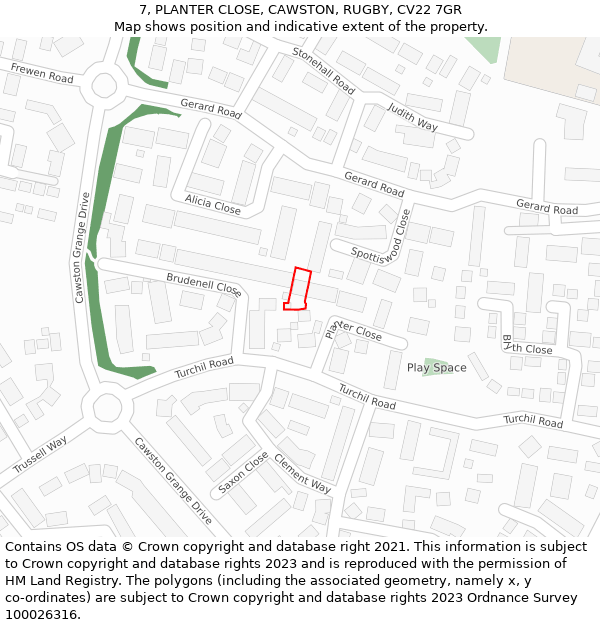 7, PLANTER CLOSE, CAWSTON, RUGBY, CV22 7GR: Location map and indicative extent of plot