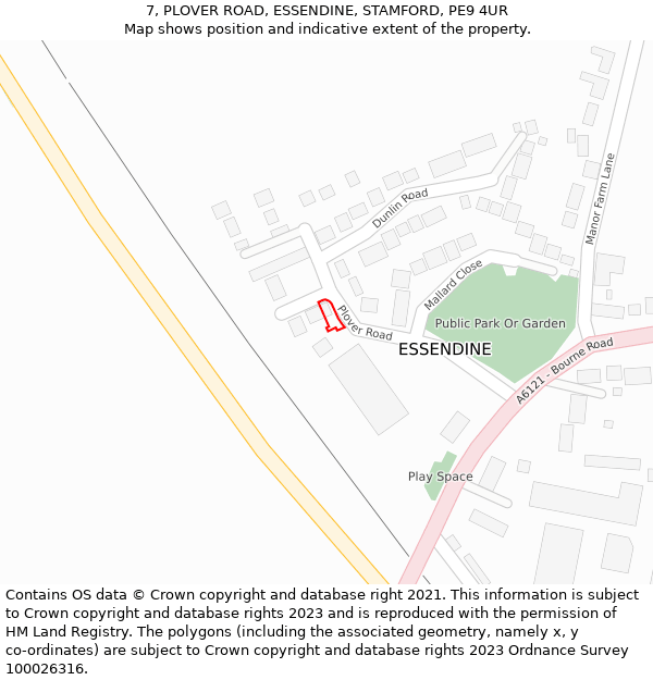 7, PLOVER ROAD, ESSENDINE, STAMFORD, PE9 4UR: Location map and indicative extent of plot