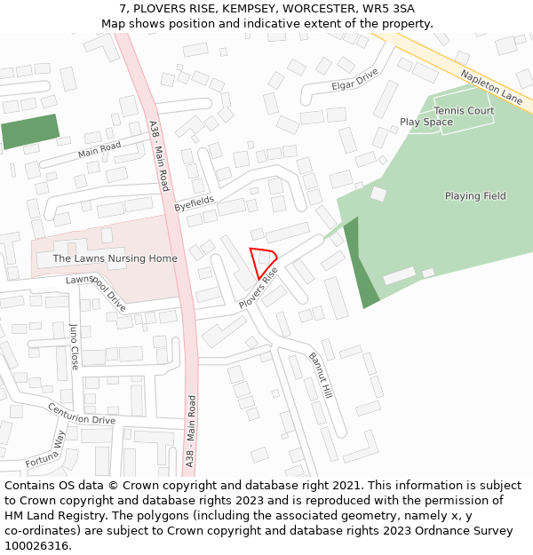 7, PLOVERS RISE, KEMPSEY, WORCESTER, WR5 3SA: Location map and indicative extent of plot