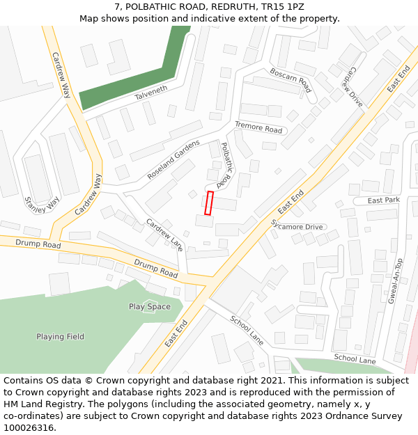 7, POLBATHIC ROAD, REDRUTH, TR15 1PZ: Location map and indicative extent of plot