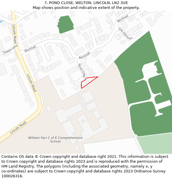 7, POND CLOSE, WELTON, LINCOLN, LN2 3UE: Location map and indicative extent of plot