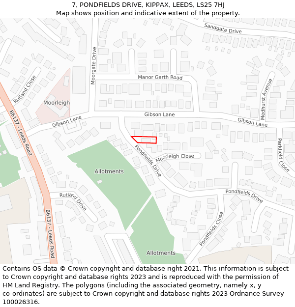 7, PONDFIELDS DRIVE, KIPPAX, LEEDS, LS25 7HJ: Location map and indicative extent of plot