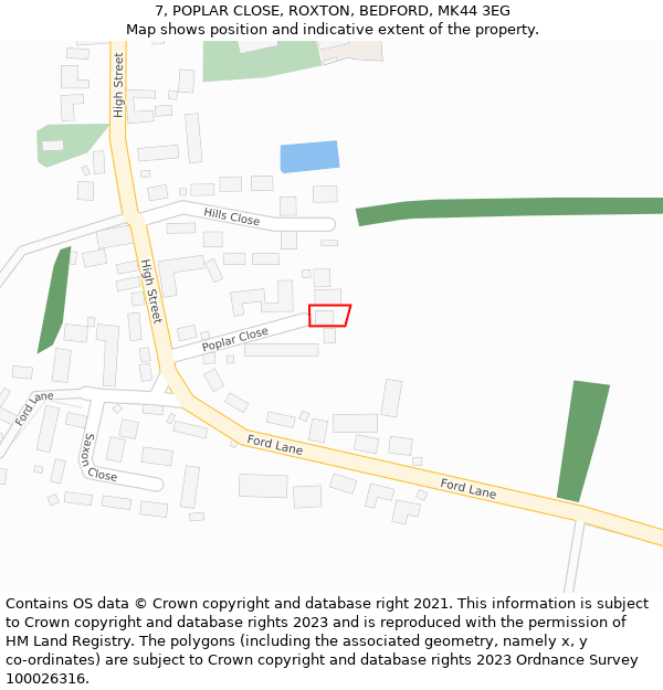 7, POPLAR CLOSE, ROXTON, BEDFORD, MK44 3EG: Location map and indicative extent of plot