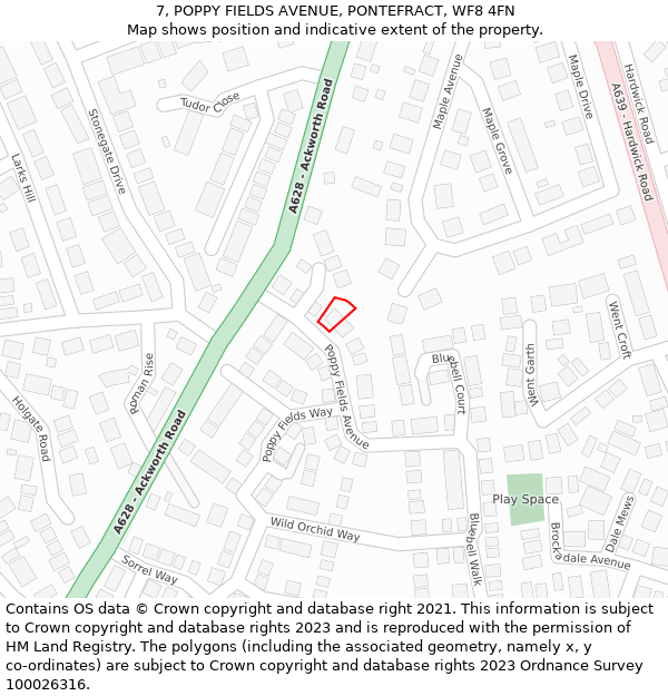 7, POPPY FIELDS AVENUE, PONTEFRACT, WF8 4FN: Location map and indicative extent of plot