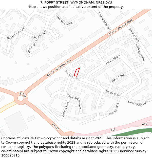 7, POPPY STREET, WYMONDHAM, NR18 0YU: Location map and indicative extent of plot