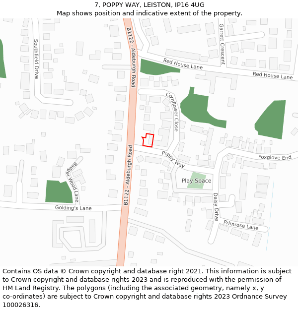 7, POPPY WAY, LEISTON, IP16 4UG: Location map and indicative extent of plot