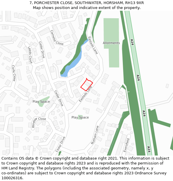 7, PORCHESTER CLOSE, SOUTHWATER, HORSHAM, RH13 9XR: Location map and indicative extent of plot