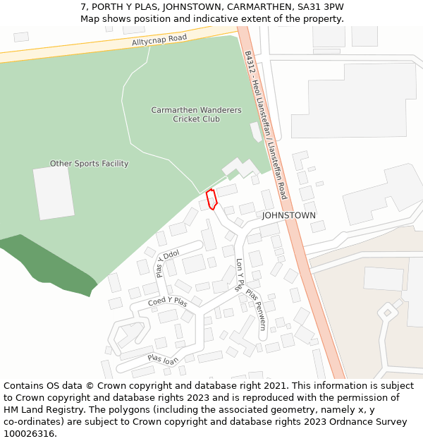 7, PORTH Y PLAS, JOHNSTOWN, CARMARTHEN, SA31 3PW: Location map and indicative extent of plot